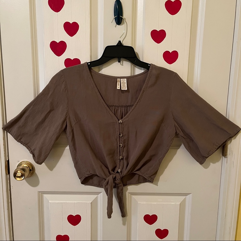 Japna Taupe Button-Front Tie-Waist Cropped Blouse